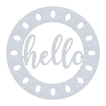 Circular aluminum wall sign featuring the word 'hello' in a flowing script at the center. The outer circle has evenly spaced oval cutouts, creating a decorative border. The sign has a brushed metal finish, giving it a sleek and modern look, perfect for adding a welcoming touch to any space. Displayed against a black background for contrast.